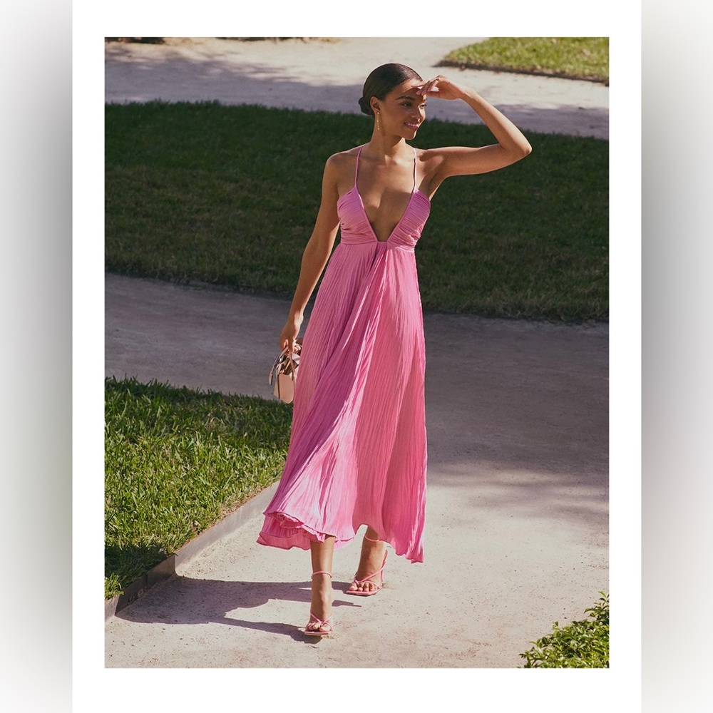 A.L.C. “Angelina” midi dress featuring a crisscross back with pleating